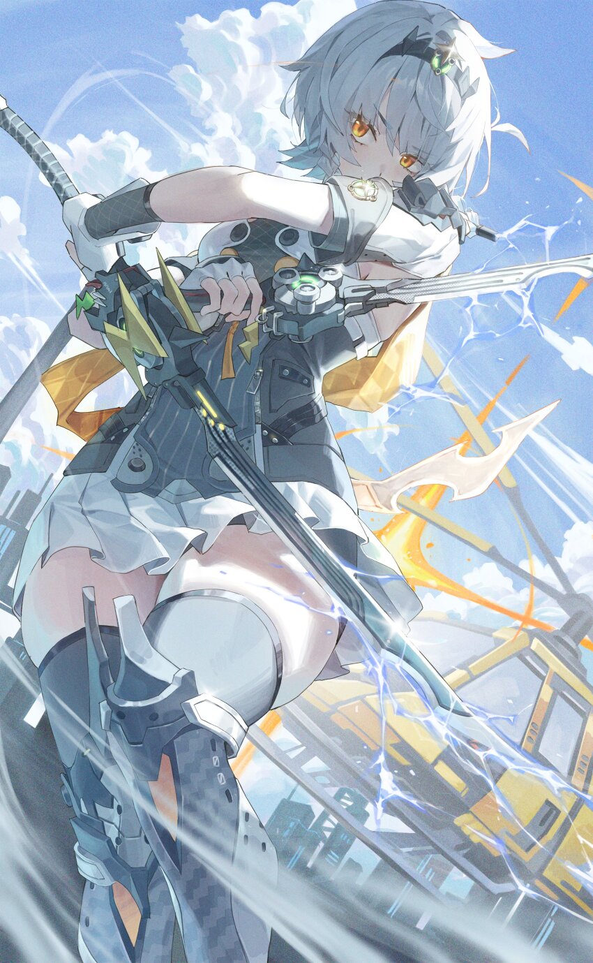 1girl absurdres anby_demara anby_demara_(silver_soldier) armored_boots black_hairband black_shorts black_thighhighs blue_sky boots cloud cloudy_sky fingerless_gloves gloves grey_hair hairband highres holding holding_sword holding_weapon netural orange_eyes second-party_source short_hair short_shorts short_sleeves shorts shorts_under_skirt sky sword thighhighs weapon white_gloves zenless_zone_zero