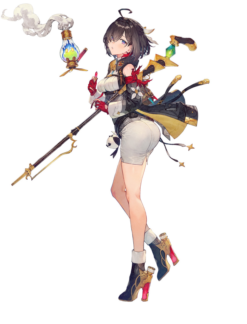 1girl ahoge armpit_hold ass atelier_(series) atelier_yumia backpack bag bare_legs bare_shoulders belt benitama black_footwear black_hair black_jacket boots breasts brown_bag bullet detached_sleeves dress flammi_(atelier) full_body gloves hair_between_eyes high_heel_boots high_heels highres holding holding_bullet holding_staff holding_weapon jacket legs long_sleeves looking_at_viewer looking_back medium_breasts mole mole_under_eye multicolored_hair official_art parted_lips partially_fingerless_gloves potion pouch purple_eyes red_gloves red_hair second-party_source short_hair simple_background solo staff standing streaked_hair stuffed_animal stuffed_bird stuffed_toy tachi-e weapon white_background white_dress yumia_liessfeldt