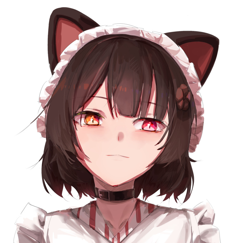 1girl :3 alternate_hairstyle animal_ears black_collar brown_hair collar commentary_request dog_ears flower hair_flower hair_ornament head_tilt heterochromia highres inui_toko inui_toko_(1st_costume) light_smile looking_at_viewer maid_headdress nijisanji portrait red_eyes short_hair simple_background solo straight-on virtual_youtuber white_background white_headdress yellow_eyes zxjv