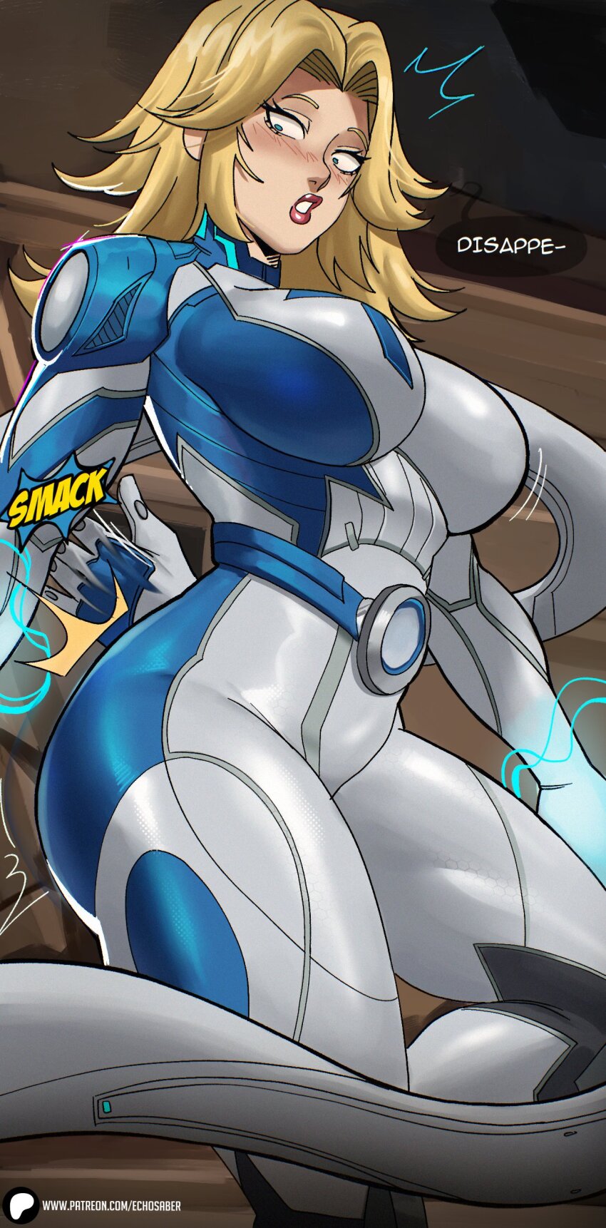 1boy 1girl absurdres blonde_hair blue_bodysuit blue_eyes blush bodysuit breasts echo_saber english_text highres large_breasts long_hair looking_at_viewer marvel marvel_rivals parted_lips patreon_logo patreon_username reed_richards solo sound_effects sue_storm two-tone_bodysuit watermark web_address white_bodysuit