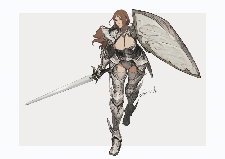 1girl absurdres armor armored_boots boots breasts brown_hair faulds female_focus female_knight full_body highres holding holding_shield holding_sword holding_weapon knight large_breasts long_hair looking_at_viewer original pauldrons running shield shoulder_armor signature solo sonech sword weapon