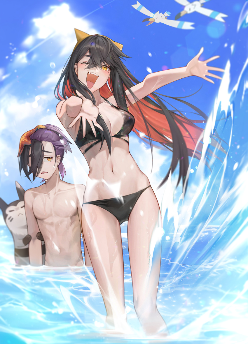 1boy 1girl :&lt; absurdres bikini black_bikini black_hair blue_sky blush breasts brother_and_sister carmine_(pokemon) closed_mouth cloud commentary_request creatures_(company) crossed_bangs curvy day furret game_freak gen_2_pokemon gen_3_pokemon hair_between_eyes hairband happy highres kieran_(pokemon) kyuri_(suika) long_hair looking_at_viewer medium_breasts mole mole_on_neck mole_under_eye multicolored_hair multiple_others nintendo ocean one_eye_closed open_mouth orange_eyes outdoors pokemon pokemon_(creature) pokemon_sv purple_hair red_hair siblings sky splashing starfish swimsuit topless_male two-tone_hair wading water wet wide_hips wingull