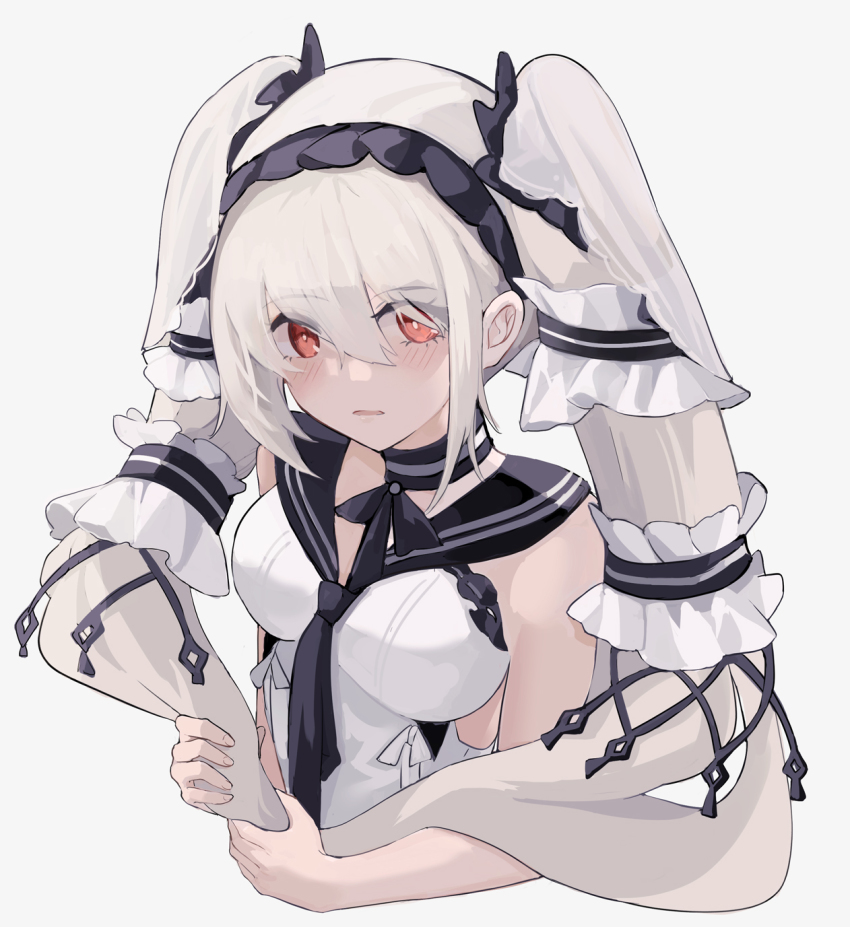 1girl azur_lane black_neckwear black_sailor_collar bow breasts dress dress_bow feather_dress formidable_(azur_lane) formidable_(timeless_classics)_(azur_lane) hair_ornament highres holding holding_own_hair looking_at_viewer medium_breasts mikako official_alternate_costume platinum_blonde_hair red_eyes ribbon sailor_collar simple_background sleeveless sleeveless_dress solo twintails two-tone_dress two-tone_ribbon upper_body white_background white_dress