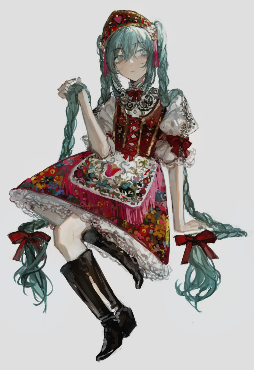 1girl :/ absurdres alternate_costume apron aqua_eyes aqua_hair aqua_nails arm_support black_footwear boots bow braid closed_mouth collared_dress commentary commentary_request dress english_commentary expressionless floral_print frilled_dress frills full_body gbsaphira grey_background hair_ribbon hat hatsune_miku highres holding holding_own_hair hungarian_clothes hungary knee_boots long_hair petticoat puffy_short_sleeves puffy_sleeves red_bow red_ribbon ribbon short_sleeves simple_background sitting sleeve_bow solo twin_braids very_long_hair vocaloid worldwide_miku