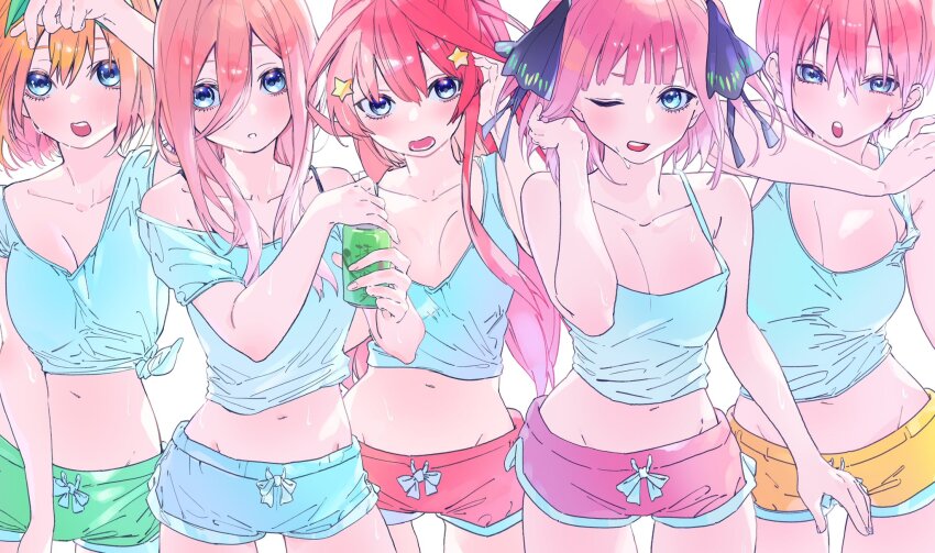 5girls alternate_costume blue_eyes blue_shorts butterfly_hair_ornament go-toubun_no_hanayome green_hairband green_ribbon green_shorts hair_between_eyes hair_ornament hair_ribbon hairband highres midriff multiple_girls nakano_ichika nakano_itsuki nakano_miku nakano_nino nakano_yotsuba navel orange_hair pink_hair pink_shorts quintuplets red_hair red_shorts ribbon shorts star_(symbol) star_hair_ornament valentine_(02140314c) yellow_shorts