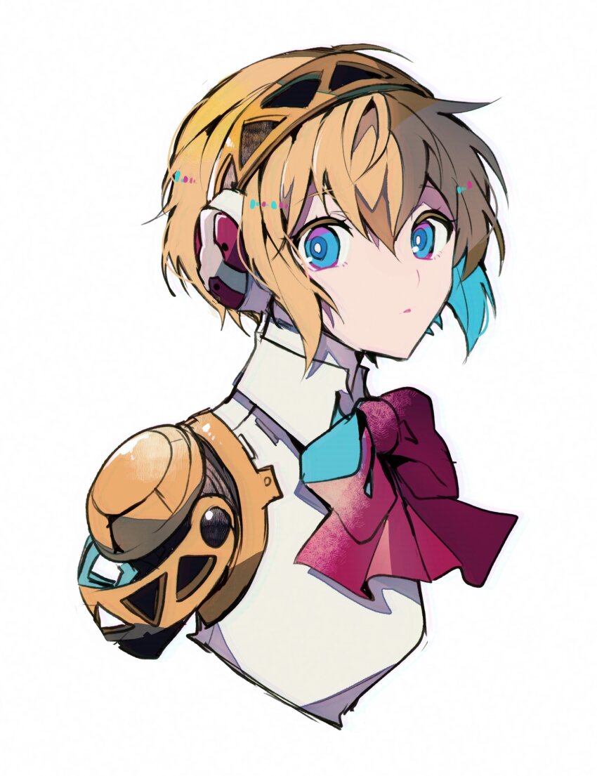 aegis_(persona) android blonde_hair blue_eyes bow bowtie cropped_torso hair_between_eyes headphones highres joints looking_at_viewer parted_lips persona persona_3 red_bow red_bowtie robot_joints short_hair teketeke_(tasutekete) upper_body white_background