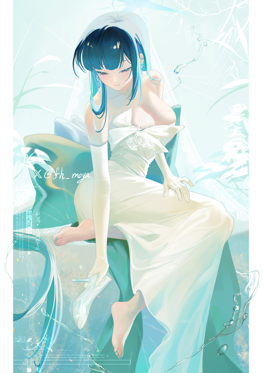 1girl barefoot black_hair blue_archive blush breasts cleavage dress elbow_gloves feet fh_moya gloves highres long_hair purple_eyes saori_(blue_archive) saori_(dress)_(blue_archive) shoes single_shoe toes unworn_shoes