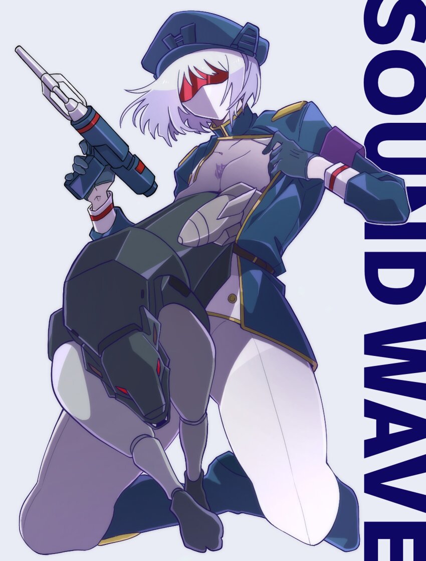 1girl 580aoi absurdres animal assault_visor decepticon genderswap genderswap_(mtf) gloves gun hat highres humanization looking_at_viewer pantyhose ravage_(transformers) short_hair soundwave_(transformers) transformers transformers:_generation_1 weapon