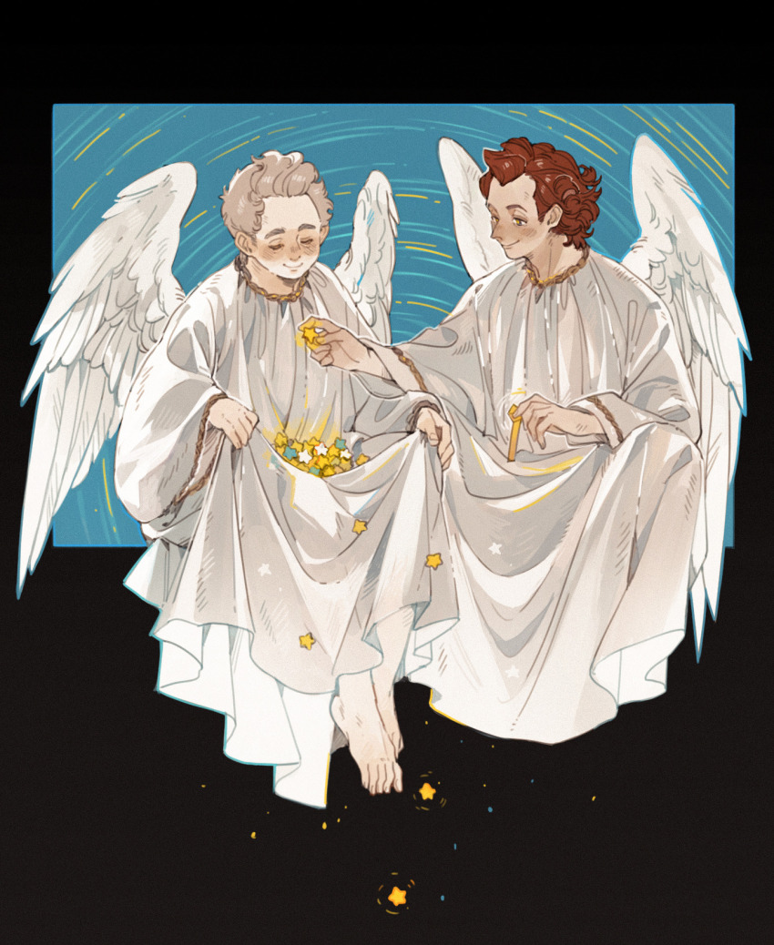 2boys angel aziraphale_(good_omens) crowley_(good_omens) feathered_wings good_omens highres luminous_slime multiple_boys red_hair robe white_hair white_robe white_wings wings yellow_eyes