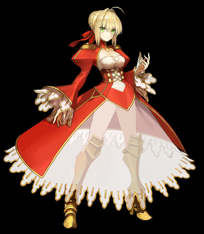 1girl absurdres ahoge armor armored_boots blonde_hair boots braid breasts bun_with_braided_base cleavage cleavage_cutout closed_mouth clothing_cutout dress epaulettes fate/extella fate/extra fate_(series) full_body gold_armor gold_trim greaves green_eyes hair_between_eyes hair_bun hair_intakes hair_ribbon highres juliet_sleeves light_frown long_sleeves looking_at_viewer medium_breasts nero_claudius_(fate) nero_claudius_(fate)_(all) nero_claudius_(fate/extra) official_art protected_link puffy_sleeves red_dress red_ribbon ribbon second-party_source see-through_clothes short_hair simple_background solo standing transparent_background wada_arco white_dress wide_sleeves