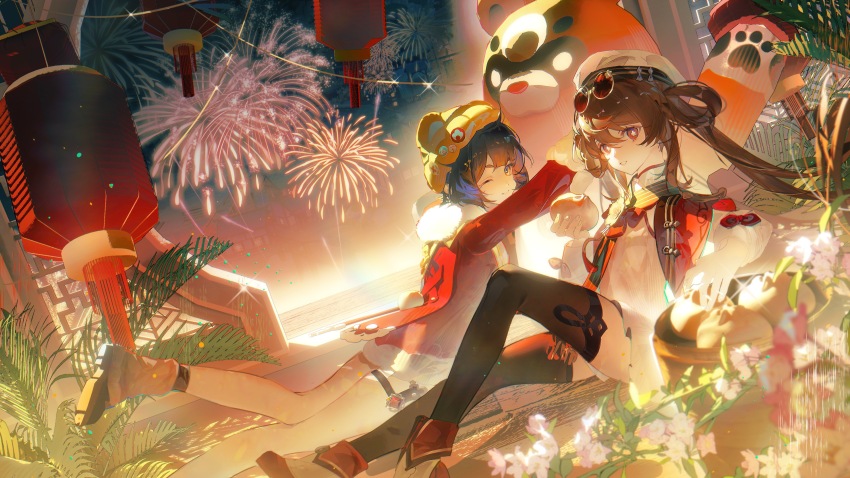 2girls absurdres aerial_fireworks aoiinu0125 beret blue_hair breasts brown_hair brown_thighhighs chinese_clothes dress eyewear_on_head fireworks flower food fur-trimmed_jacket fur_trim genshin_impact guoba_(genshin_impact) hair_rings hat highres holding holding_food hu_tao_(cherries_snow-laden)_(genshin_impact) hu_tao_(genshin_impact) jacket lantern lantern_festival long_hair long_sleeves multiple_girls night official_alternate_costume one_eye_closed paper_lantern plant red-tinted_eyewear red_eyes red_jacket round_eyewear scarf shoes sitting skirt sky_lantern small_breasts smile steamed_bun symbol-shaped_pupils thighhighs tinted_eyewear vision_(genshin_impact) white_dress white_hat white_jacket xiangling_(genshin_impact) xiangling_(new_year&#039;s_cheer)_(genshin_impact)