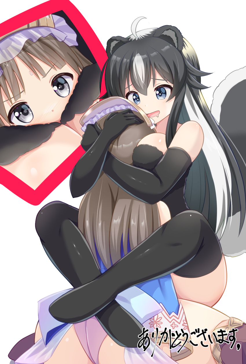 2girls ahoge animal_ears ass atelier_(series) atelier_totori between_breasts black_gloves black_hair black_shirt black_thighhighs blue_dress blue_eyes boots breasts brown_hair character_request cleavage clothes_lift commission dress dress_lift drooling elbow_gloves face_between_breasts gloves grey_eyes hands_on_another&#039;s_head head_between_breasts highres hug large_breasts leg_wrap legs leotard lifting_another&#039;s_clothes long_hair mogura2009 multicolored_hair multiple_girls open_mouth pink_leotard saliva shirt sitting skeb_commission skunk_ears skunk_girl skunk_tail smile tail thigh_boots thighhighs thighs totooria_helmold two-tone_hair white_hair