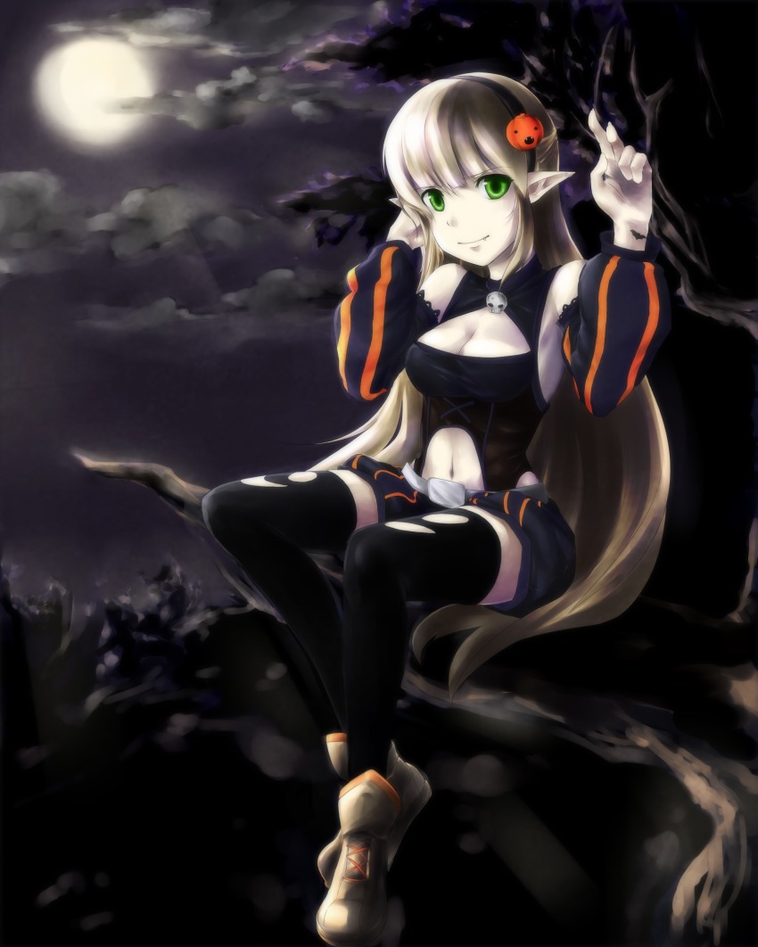 1girl absurdres aerlai black_thighhighs breasts cleavage cleavage_cutout clothing_cutout detached_sleeves elf fang female_focus full_moon green_eyes halloween hand_in_own_hair headband highres in_tree jack-o&#039;-lantern long_hair moon navel navel_cutout night night_sky original pale_skin pointy_ears shorts silver_hair sitting sitting_in_tree sky solo thighhighs torn_clothes torn_thighhighs tree very_long_hair