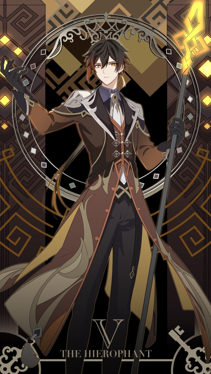 1boy black_pants brown_hair card_(medium) expressionless feet_out_of_frame formal_clothes genshin_impact gradient_hair hair_between_eyes highres holding holding_polearm holding_weapon long_hair looking_at_viewer male_focus mmmgnsn multicolored_hair necktie pants parted_lips polearm ponytail solo standing tarot tarot_(medium) the_hierophant_(tarot) weapon white_necktie yellow_eyes zhongli_(genshin_impact)