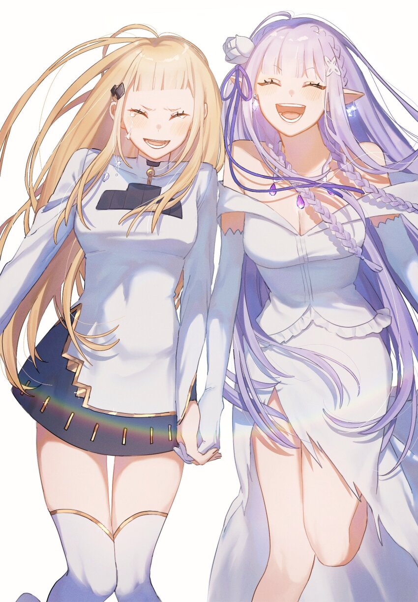 2girls bare_shoulders blonde_hair boots braid breasts cleavage closed_eyes crown_braid crying dress earrings elbow_gloves elf emilia_(re:zero) flower gloves gold_trim hair_flower hair_ornament hair_ribbon highres jewelry jouge2983 knee_up large_breasts legs long_sleeves multiple_girls necklace official_alternate_costume open_mouth pointy_ears purple_ribbon rainbow re:zero_kara_hajimeru_isekai_seikatsu ribbon rose running smile sylphy_(re:zero) thigh_boots thighhighs torn_clothes torn_dress wedding_dress white_background white_dress white_flower white_gloves white_hair white_rose x_hair_ornament