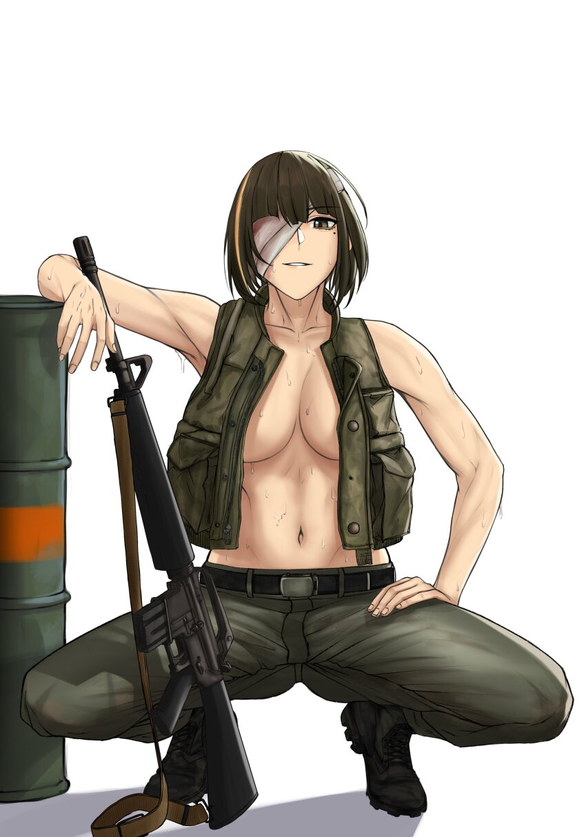 1girl absurdres alternate_costume assault_rifle bandage_over_one_eye barrel black_footwear boots breasts breasts_apart brown_eyes brown_hair commentary commission english_commentary full_body girls&#039;_frontline green_pants green_vest gun gun_sling hand_on_own_leg highres light_smile looking_at_viewer m16 m16a1 m16a1_(girls&#039;_frontline) matsu_arts mole mole_under_eye multicolored_hair navel open_clothes open_vest orange_hair pants parted_lips rifle short_hair simple_background solo squatting stomach straight-on streaked_hair sweat vest weapon white_background