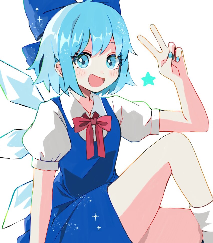 1girl :d blue_bow blue_dress blue_eyes blue_hair blue_nails bow cirno dress feet_out_of_frame hair_bow highres ice ice_wings knee_up looking_at_viewer nauka neck_ribbon open_mouth puffy_short_sleeves puffy_sleeves red_ribbon ribbon shirt short_hair short_sleeves simple_background smile socks solo star_(symbol) touhou v white_background white_shirt white_socks wings