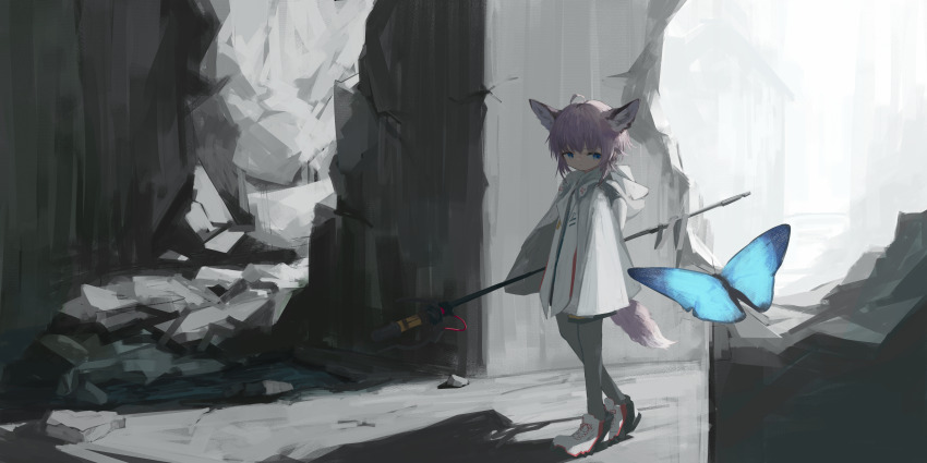 1girl absurdres ahoge animal_ears arknights black_pantyhose blue_butterfly blue_eyes bug butterfly closed_mouth coat codemoretech commentary cross dated_commentary fox_ears fox_girl fox_tail highres holding holding_staff hood hood_down hooded_coat insect long_sleeves pantyhose purple_hair red_cross ruins shoes short_hair solo staff sussurro_(arknights) tail white_coat white_footwear wide_shot