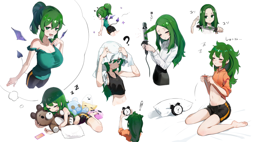 ! 1girl ? alarm_clock alternate_breast_size alternate_hairstyle barefoot black_shorts black_skirt black_tank_top breasts clock clothes_lift collared_shirt demon_girl demon_tail demon_wings dreaming dress_shirt drying drying_hair green_eyes green_hair green_tank_top hair_straightener highres holding_alarm_clock holding_hair_straightener hood hoodie hoodie_lift igarashi_futaba_(shiromanta) large_breasts long_sleeves looking_at_viewer mo0o0rae multiple_girls multiple_views navel office_lady orange_hoodie pillow ponytail senpai_ga_uzai_kouhai_no_hanashi shirt shorts sideways_glance simple_background sitting skirt sleeping sleepy small_breasts stomach straight_hair stuffed_toy tail tank_top towel translation_request wariza wet white_background white_shirt wings zzz