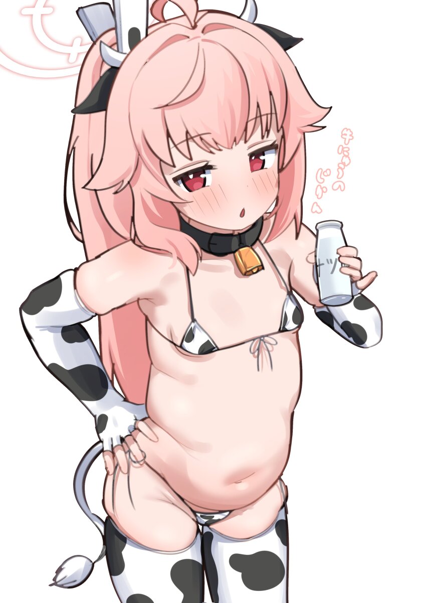 1girl absurdres animal_ears animal_print bell bikini blue_archive bottle breasts cow_ears cow_horns cow_print cow_print_sleeves cow_print_thighhighs cow_tail cowbell halo hands_on_own_hips highres horns loli long_hair micro_bikini milk_bottle natsu_(blue_archive) navel neck_bell pink_hair plump ponytail print_thighhighs red_eyes simple_background small_breasts swimsuit tail thighhighs white_background yonketa