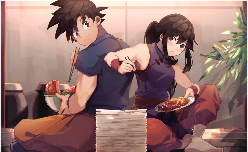 1boy 1girl absurdres back-to-back bare_shoulders border bowl brown_eyes brown_hair chi-chi_(dragon_ball) chinese_clothes chopsticks closed_mouth dragon_ball dragon_ball_(classic) eating food h.pn hair_between_eyes highres holding holding_bowl holding_chopsticks holding_plate long_hair looking_at_another lower_teeth_only meat no_shoes plant plate ponytail potted_plant sitting smile socks son_goku teeth white_border wristband