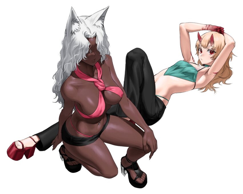 2girls absurdres animal_ears armpits black_footwear blonde_hair breasts colored_skin cross_top curly_hair dark-skinned_female dark_skin fingernails fox_ears hair_over_eyes high_heels highres horns large_breasts long_hair lying medium_hair multiple_girls navel_piercing no_eyes on_back on_one_knee oni oni_horns original pants piercing platform_footwear red_eyes red_footwear ryofu_x sharp_fingernails short_shorts shorts simple_background small_breasts thong white_background white_hair