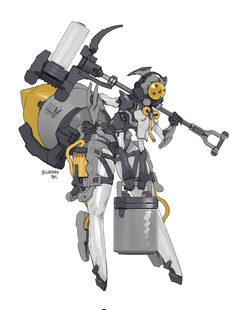 1girl arthropod_girl bee_girl bucket cable digitigrade extra_arms full_body hand_on_own_hip highres holding holding_bucket holding_polearm holding_weapon huge_weapon insect_girl joints leaning_forward legs_apart liren44 mechanization no_humans original over_shoulder polearm robot robot_joints science_fiction signature simple_background solo standing thigh_strap tube twitter_username weapon weapon_over_shoulder white_background