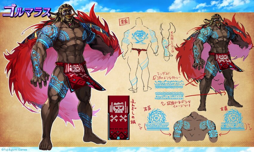 1boy an_torataro arm_tattoo bare_legs barefoot brown_background character_name character_sheet chest_tattoo cigar commentary_request dark-skinned_male dark_skin full_body fundoshi glowing_tattoo gold_teeth gormalas_(ta_ga_tame_no_alchemist) japanese_clothes mouth_hold muscular muscular_male official_alternate_costume official_art second-party_source simple_background standing ta_ga_tame_no_alchemist tattoo