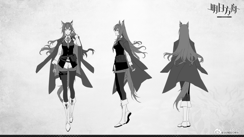 1girl animal_ears arknights arm_at_side artist_name belt_pouch boots brooch character_sheet chinese_commentary coat coat_on_shoulders commentary_request company_name copyright_name copyright_notice fingerless_gloves full_body gloves greyscale hand_up highres jewelry kaifei_(kaifei_29) long_hair long_sleeves looking_at_viewer monochrome multiple_views necktie official_alternate_costume official_art pantyhose pouch production_art profile short_shorts shorts standing tail texas_(arknights) texas_the_omertosa_(arknights) thigh_pouch turnaround watermark weibo_logo weibo_watermark wolf_ears wolf_girl wolf_tail