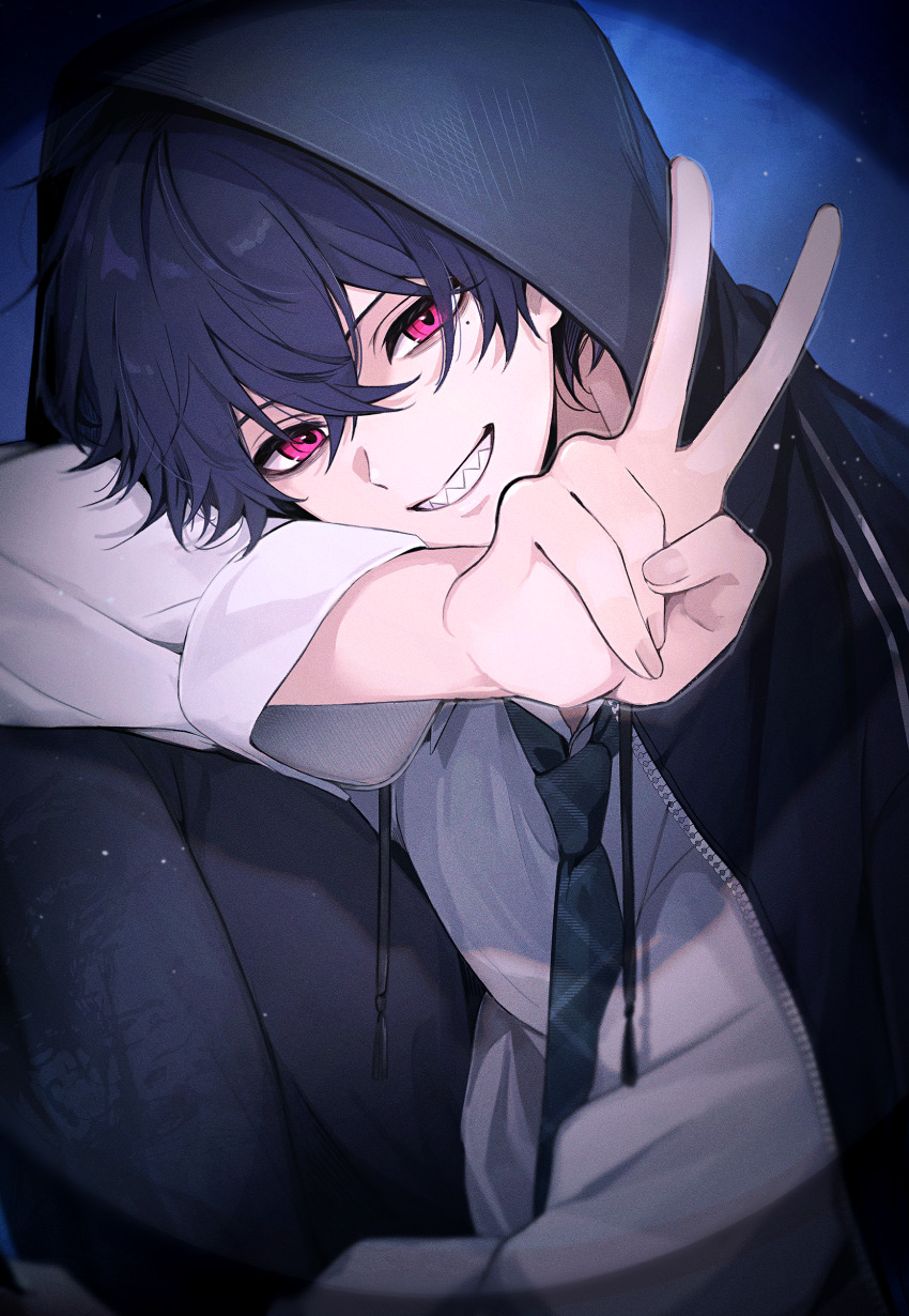 1boy absurdres blue_hair commentary_request hanami_haru highres hood hooded_track_jacket jacket long_sleeves looking_at_viewer male_focus mole mole_under_eye necktie original red_eyes sharp_teeth shirt short_hair sitting smile solo teeth track_jacket v