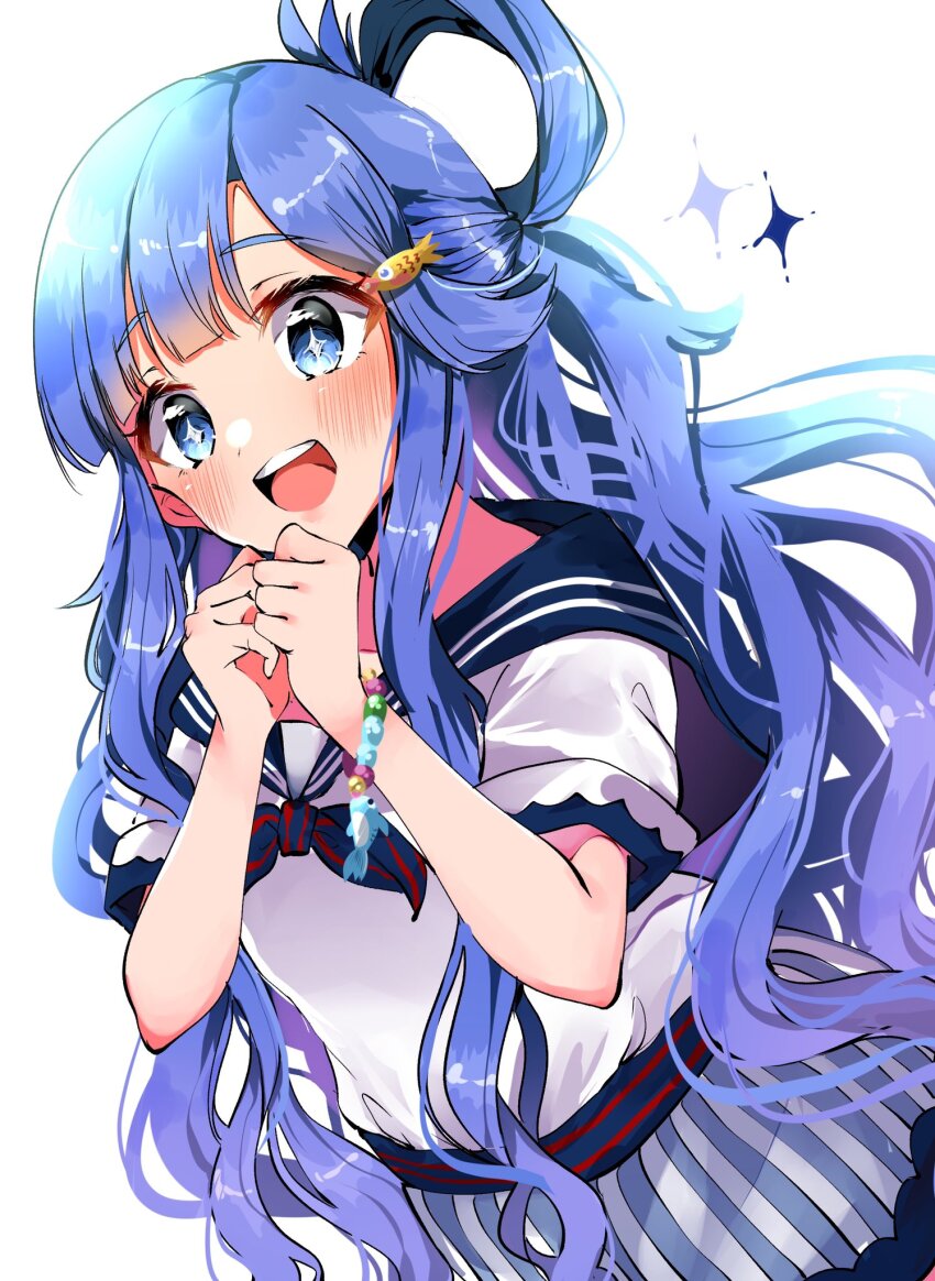 +_+ 1girl :d asari_nanami blue_eyes blue_hair blue_ribbon blue_sailor_collar blue_skirt blush bracelet fish_hair_ornament hair_ornament hair_rings highres idolmaster idolmaster_cinderella_girls idolmaster_cinderella_girls_starlight_stage jewelry long_hair looking_at_another neck_ribbon open_mouth ribbon sailor_collar shirt short_sleeves simple_background skirt smile solo striped_clothes striped_skirt teeth vertical-striped_clothes vertical-striped_skirt very_long_hair white_background white_shirt yuanagae