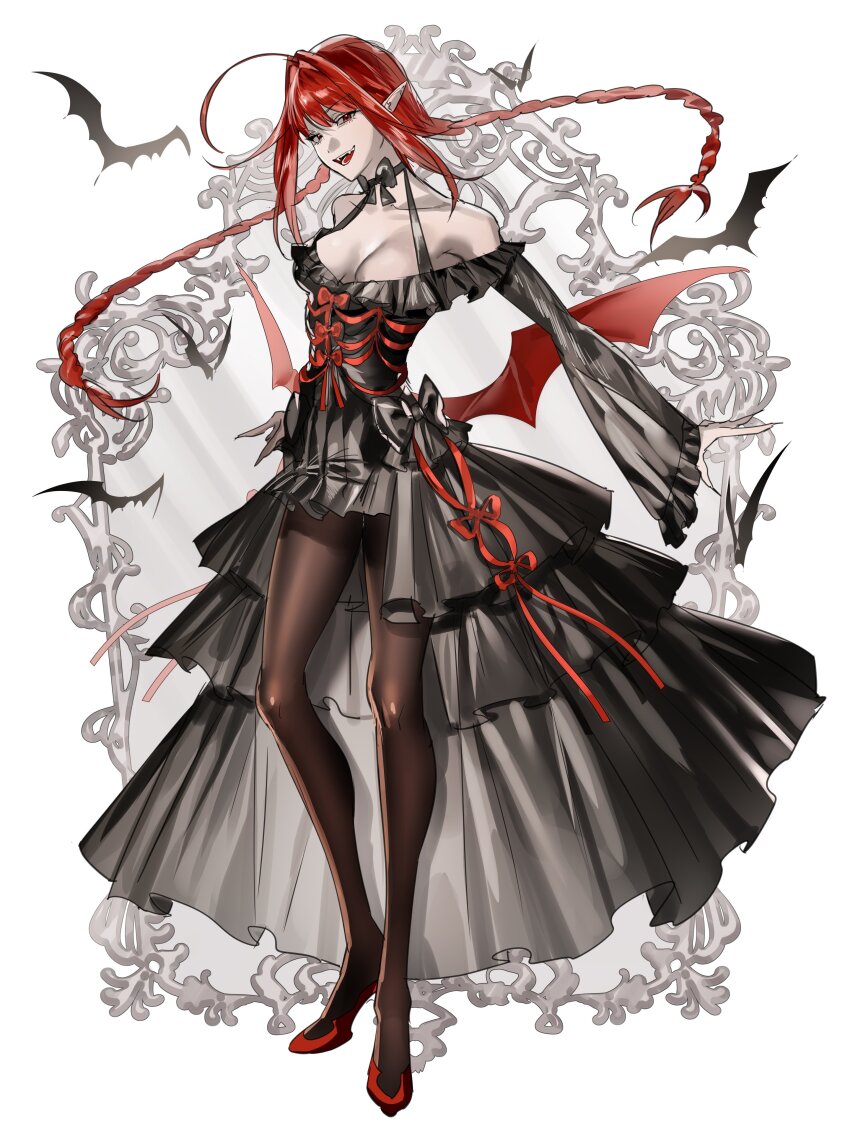 1girl absurdres alternate_hairstyle bat_(animal) bat_wings black_bow black_dress border bow braid breasts collarbone commentary dress english_commentary fangs frilled_dress frills full_body hanneli_(hanny) hanny_(uirusu_chan) high_heels highres inset_border large_breasts looking_at_viewer off-shoulder_dress off_shoulder open_mouth original ornate_border pantyhose pointy_ears raised_eyebrows red_eyes red_hair simple_background smile solo standing twin_braids white_background wings