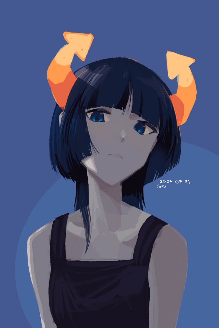 1girl black_hair blue_eyes blunt_bangs breasts colored_skin dated frown grey_skin head_tilt highres homestuck horns long_hair original signature small_breasts solo tank_top tofuist upper_body white_tank_top