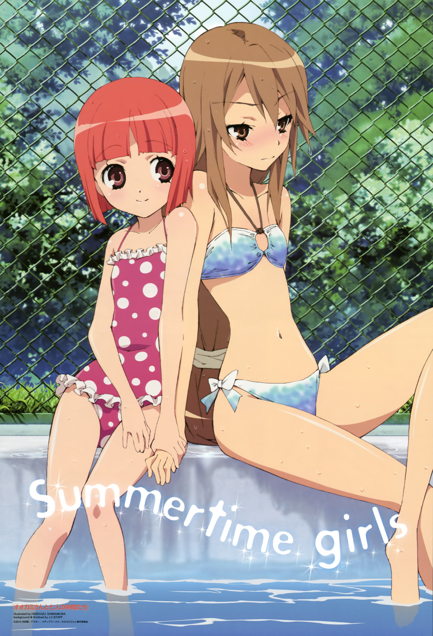 10s 2girls 3: absurdres akai_ringo akai_ringo_(ookami-san) barefoot bikini blunt_bangs blush bob_cut bow brown_eyes brown_hair casual_one-piece_swimsuit chain-link_fence crossed_legs day embarrassed feet fence flat_chest frilled_swimsuit frills halterneck highres holding_hands legs long_hair long_legs multiple_girls navel newtype o-ring o-ring_top official_art one-piece_swimsuit ookami-san ookami_ryouko outdoors partially_submerged pink_eyes polka_dot polka_dot_swimsuit ponytail pool poolside red_hair scan shimamura_hidekazu short_hair sitting smile soaking_feet swimsuit text_focus thigh_gap very_long_hair water wet yuri