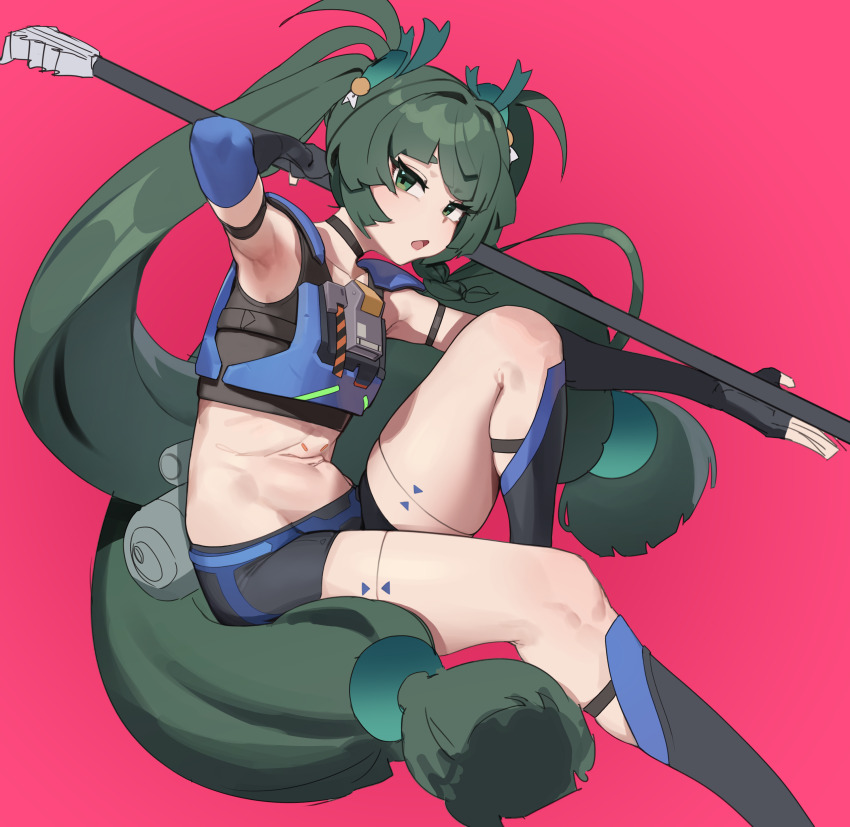 1girl absurdres android armpits black_gloves choker elbow_gloves fingerless_gloves gloves green_eyes green_hair gya_rb highres holding holding_polearm holding_weapon long_hair looking_at_viewer navel open_mouth pink_background polearm qingyi_(zenless_zone_zero) shorts simple_background solo twintails very_long_hair weapon zenless_zone_zero