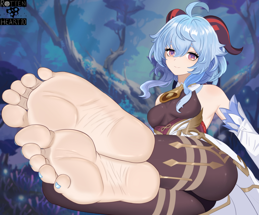 absurdres barefoot blue_hair foot_tease ganyu_(genshin_impact) genshin_impact happy highres horns leaning_forward leg_lift sitting smile spread_legs