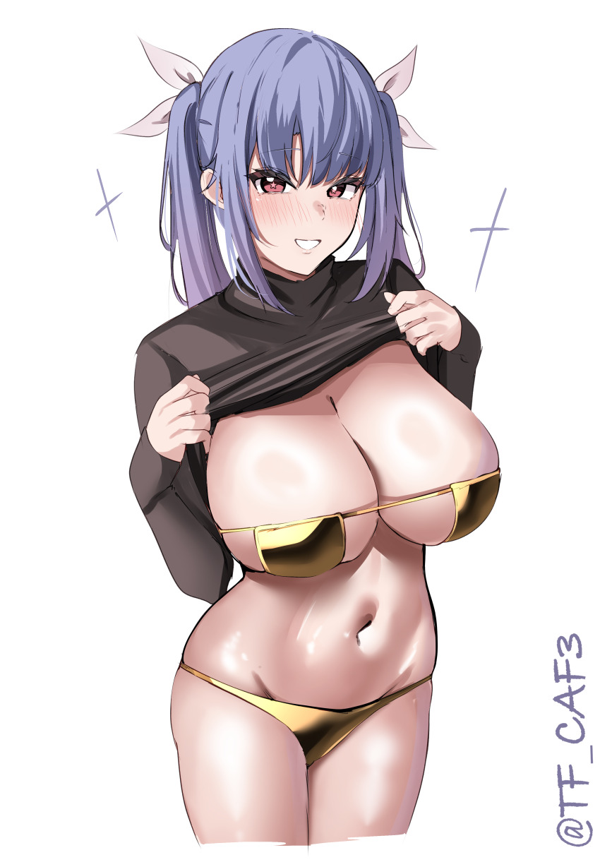 1girl absurdres alternate_costume bikini blush breasts cleavage clothes_lift cowboy_shot cropped_legs gold_bikini highres i-19_(kancolle) kantai_collection large_breasts lifting_own_clothes long_hair long_sleeves navel one-hour_drawing_challenge purple_hair red_eyes simple_background solo stomach sweater sweater_lift swimsuit tf_cafe twitter_username white_background