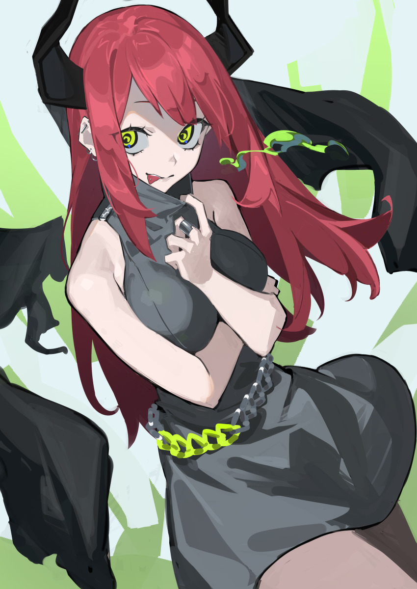 1girl absurdres balance_(superdust) black_dress black_horns black_wings breasts chain colored_smoke crossed_arms dress ear_piercing green_eyes highres horns jewelry looking_to_the_side medium_breasts original piercing pulling_own_clothes red_hair ring smoke solo tongue tongue_out tongue_piercing wings