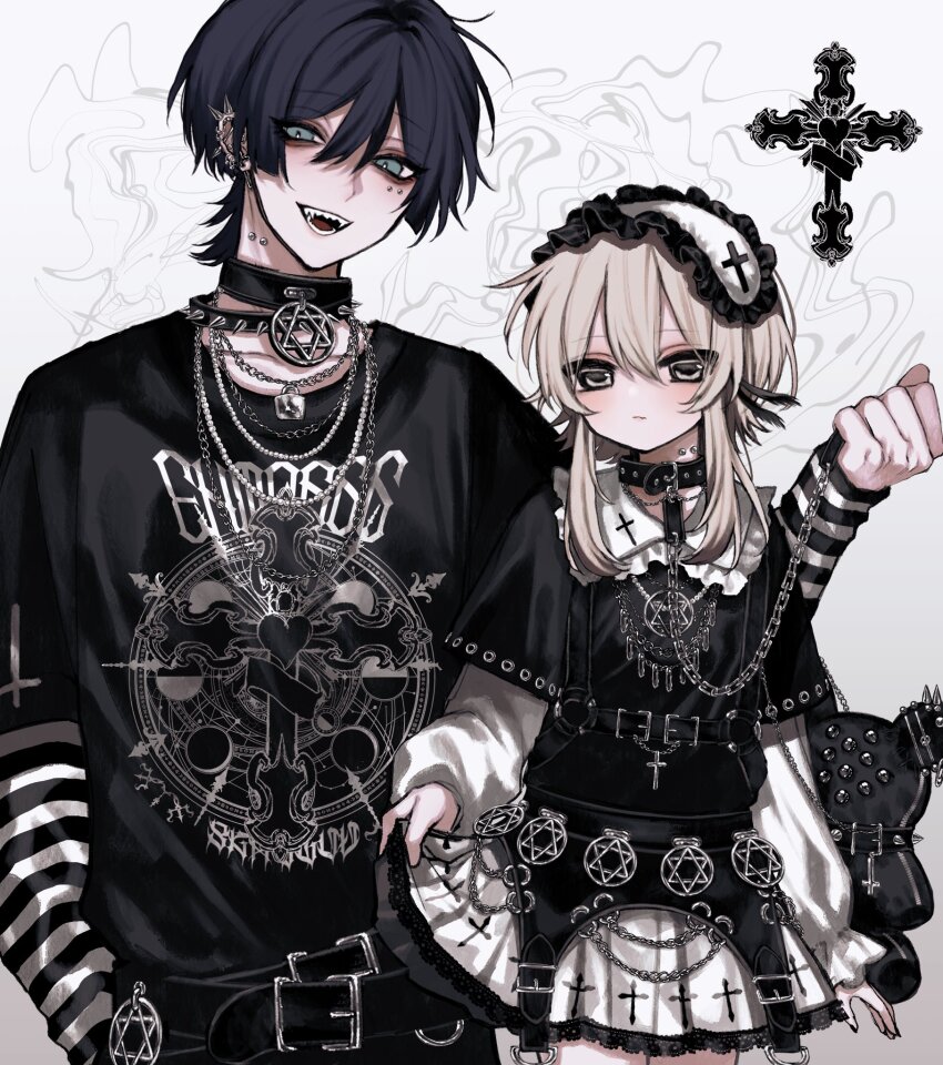 1boy 1girl alternate_costume arm_at_side bags_under_eyes belt belt_buckle black_belt black_choker black_feathers black_hair black_shirt black_sleeves blonde_hair blunt_ends buckle chain chain_leash chain_necklace choker clenched_hand closed_mouth clothes_lift collar collarbone contemporary cross cross_print enma666 eyeliner eyeshadow feather_hair_ornament feathers frilled_collar frilled_hairband frills genshin_impact goth_fashion grey_eyes hair_between_eyes hair_ornament hairband hand_in_pocket hand_up heart heart_print height_difference highres holding holding_leash jewelry lace lace-trimmed_skirt lace_trim layered_shirt layered_sleeves leash long_sleeves looking_at_viewer lumine_(genshin_impact) makeup multiple_belts neck_piercing necklace open_hand open_mouth pale_skin pentagram_pendant puritan_collar red_eyeliner red_eyeshadow scaramouche_(genshin_impact) sharp_teeth shirt short_hair short_hair_with_long_locks sidelocks skirt skirt_lift spiked_choker spiked_ear_piercing spikes striped_sleeves t-shirt teeth white_background white_hairband white_skirt white_sleeves