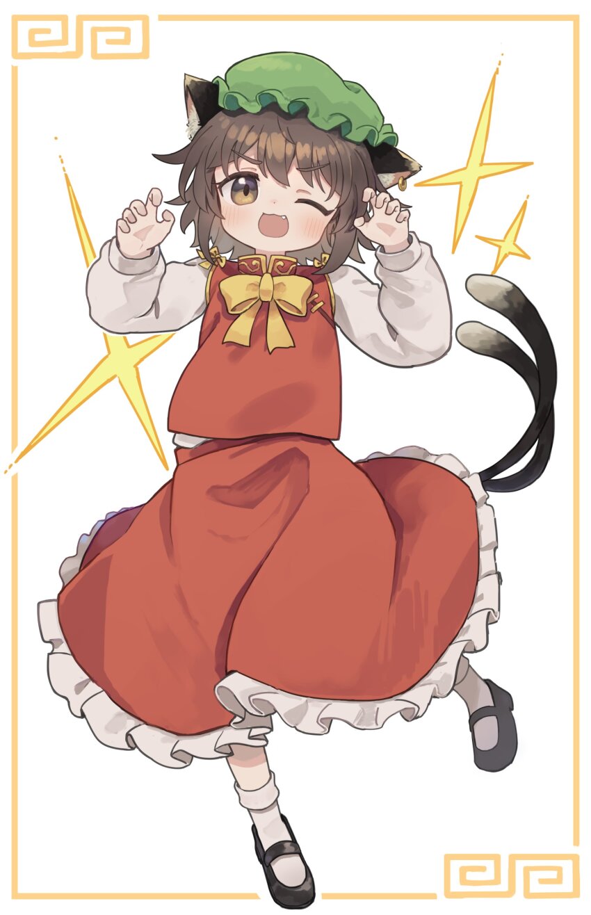 1girl :3 ;d absurdres animal_ear_fluff animal_ear_piercing animal_ears blush bobby_socks bow bowtie brown_eyes brown_hair cat_ears cat_tail chen claw_pose commentary_request dot_nose earrings fang frills full_body gold_trim hands_up happy hat highres jewelry kibisake long_sleeves looking_at_viewer mary_janes mob_cap multiple_tails nekomata one_eye_closed open_mouth puffy_long_sleeves puffy_sleeves red_skirt red_vest shoes short_hair simple_background single_earring skirt skirt_set smile socks solo sparkle standing standing_on_one_leg tail touhou two_tails v-shaped_eyebrows vest white_background yellow_bow yellow_bowtie