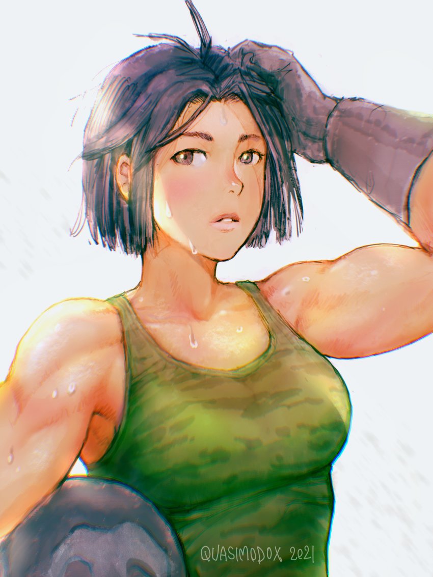 1girl absurdres ahoge backlighting biker_clothes black_gloves black_hair breasts brown_eyes camouflage_tank_top capcom commentary gloves hand_in_own_hair unworn_headwear helmet unworn_helmet highres holding holding_helmet hot justice_gakuen kazama_akira medium_breasts muscular muscular_female quasimodox short_hair simple_background solo street_fighter street_fighter_v sweat upper_body