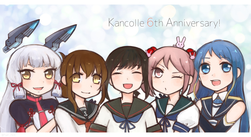 animal animal_on_head anniversary black_gloves black_sailor_collar blue_hairband blue_neckerchief blue_sailor_collar blunt_bangs brown_hair commentary_request elbow_gloves facing_viewer floating_headgear folded_ponytail fubuki_(kancolle) fubuki_kai_ni_(kancolle) fuzino gloves hair_bobbles hair_ornament hair_ribbon hairband headgear highres inazuma_(kancolle) kantai_collection long_hair murakumo_(kancolle) murakumo_kai_ni_(kancolle) neckerchief necktie on_head one_eye_closed pink_eyes pink_hair rabbit rabbit_on_head red_neckerchief red_necktie ribbon sailor_collar samidare_(kancolle) sazanami_(kancolle) sazanami_kai_(kancolle) school_uniform serafuku shirt short_eyebrows short_hair sleeveless sleeveless_shirt tress_ribbon twintails upper_body white_hair yellow_eyes