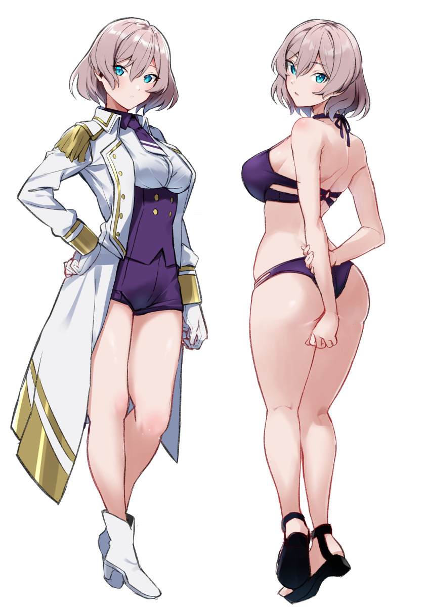 1girl absurdres ass bikini black_footwear breasts full_body grey_hair gridman_universe hand_on_own_hip highres legs looking_at_viewer medium_breasts military military_uniform mujina multiple_views purple_bikini purple_shorts sandals short_hair shorts simple_background ssss.dynazenon swimsuit thighs totoki86 white_background white_footwear