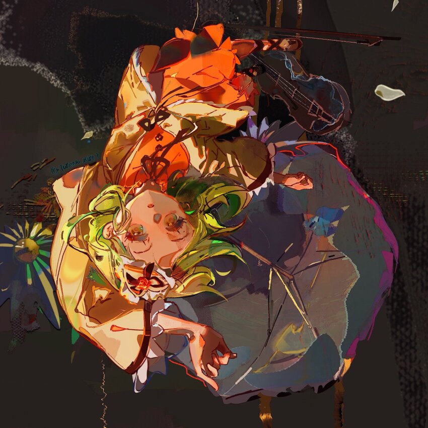 1girl brown_eyes expressionless falling full_body green_hair highres instrument jacket kanaria looking_at_viewer rozen_maiden shorts solo takeno_zhuye umbrella upside-down violin