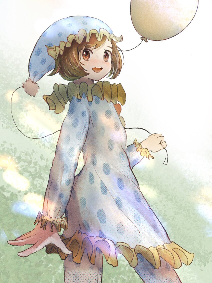 1girl :d balloon brown_hair cowboy_shot creatures_(company) dress game_freak gloria_(pokemon) hat highres holding holding_balloon long_sleeves neck_ruff nightcap nintendo open_mouth orange_eyes pantyhose pokemon pokemon_swsh polka_dot polka_dot_dress polka_dot_headwear polka_dot_legwear ringosan2329 short_hair smile solo swept_bangs teeth upper_teeth_only