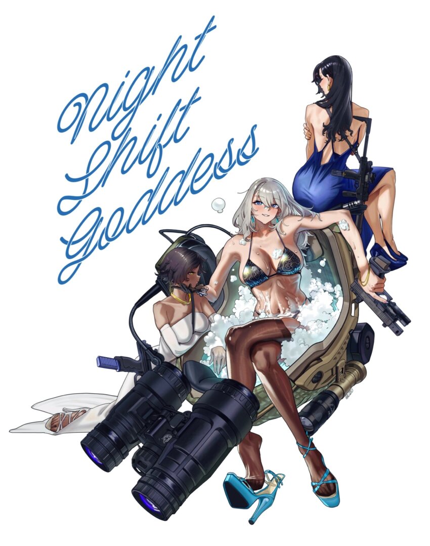 3girls b&amp;t_mp9 bathing bikini black_gloves black_hair black_thighhighs blue_dress blue_eyes blue_footwear blush bracelet breasts combat_helmet commentary commentary_request dark-skinned_female dark_skin dress elbow_gloves english_text flashlight glock gloves grey_hair gun hand_on_another&#039;s_chin hand_on_own_arm handgun helmet high_heels highres holding holding_gun holding_weapon jewelry long_hair looking_at_viewer multiple_girls navel night_vision_device original parted_lips second-party_source shoes short_hair simple_background single_glove smile submachine_gun swimsuit thighhighs toes trigger_discipline utsuda weapon white_background white_dress white_footwear white_gloves yellow_eyes