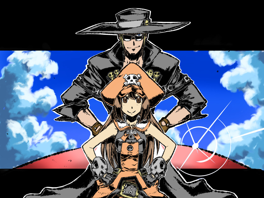 1boy 1girl absurdres bare_shoulders belt blonde_hair blue_eyes blue_sky brown_hair cloud cloudy_sky cowboy_hat guilty_gear guilty_gear_xrd hand_on_own_hip hat hat_ornament highres johnny_(guilty_gear) long_hair may_(guilty_gear) one_eye_covered pirate pirate_hat skull skull_hat_ornament sky sunglasses tamotu_kun