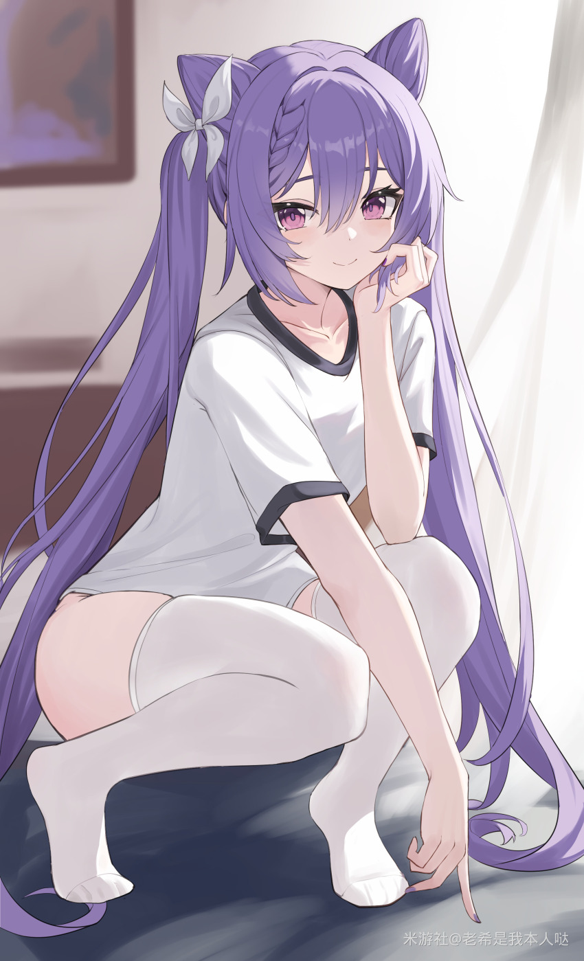 1girl absurdres alternate_costume chinese_commentary collarbone commentary_request genshin_impact hair_between_eyes highres indoors keqing_(genshin_impact) lao_xi looking_at_viewer purple_eyes purple_hair purple_nails shirt smile solo squatting thighhighs white_shirt white_thighhighs