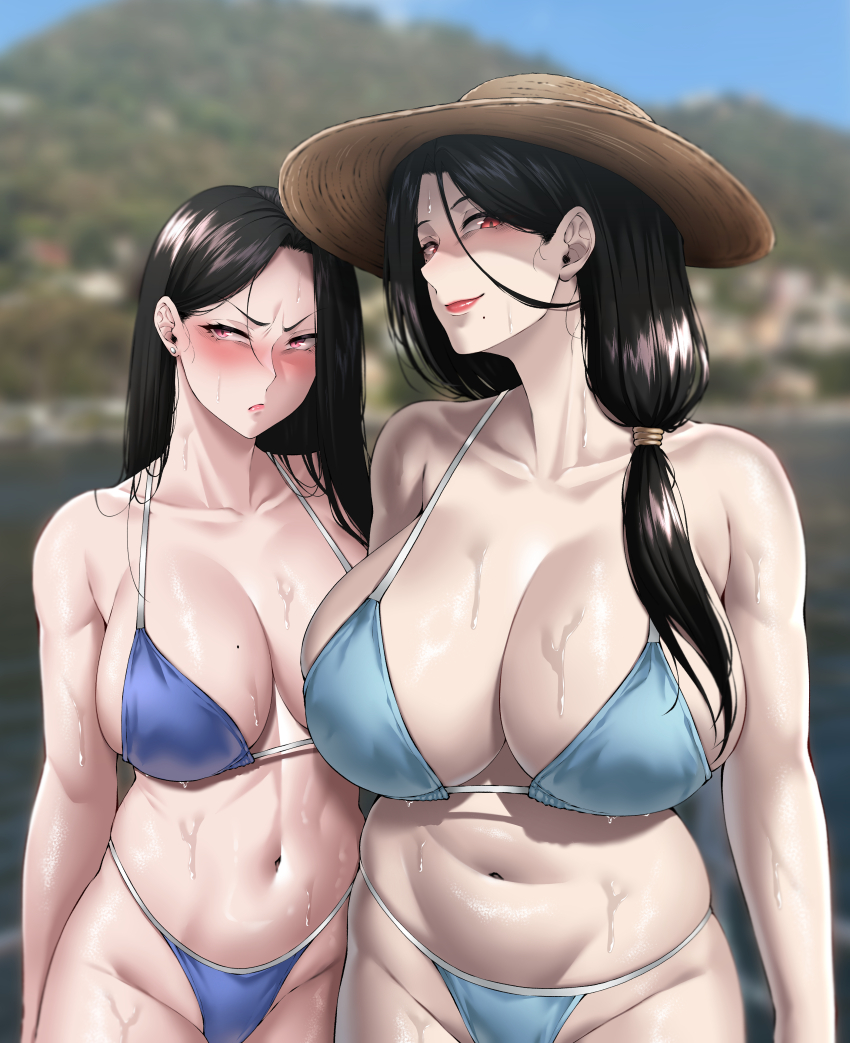 2girls absurdres artslayer1999 bare_shoulders bikini blue_bikini blurry blurry_background blush breasts cleavage commentary day earrings english_commentary hair_behind_ear hat highres huge_breasts jewelry large_breasts long_hair looking_to_the_side low-tied_long_hair meme mole mole_under_mouth mom_and_her_daughter_(meme) mother_and_daughter mountainous_horizon multiple_girls navel original outdoors parted_bangs pink_eyes red_eyes smile straw_hat swimsuit water wet