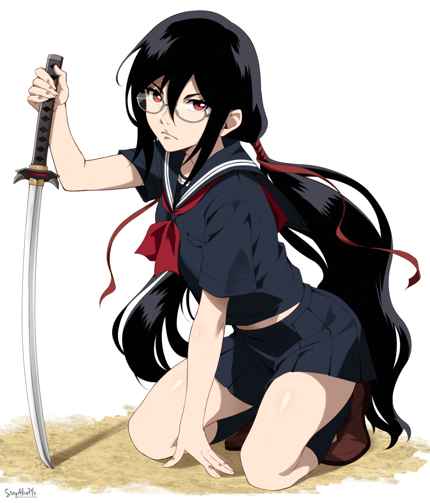 1girl absurdres black_hair blood-c blue_sailor_collar brown_footwear glasses highres katana kisaragi_saya kneeling long_hair looking_at_viewer neckerchief pleated_skirt red_eyes round_eyewear sailor_collar school_uniform serafuku simple_background skirt solo stayaliveplz sword twintails weapon white_background